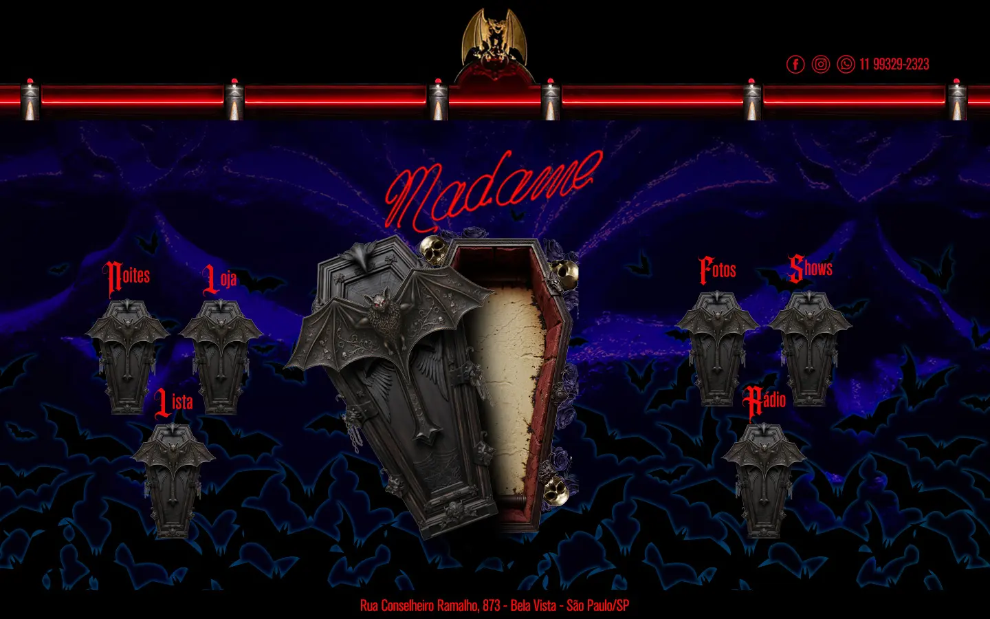 Madame — Menu principal (Noites, Loja, Lista, Fotos, Shows, Rádio)